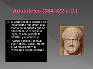  El conocimiento procede de
los sentidos que dotan a la
mente de imágenes que se
asocian entre sí según 3
leyes: la contigüidad, la
similitud y el contraste
 “Asociacionista”, al igual
que Hobbes, Locke, Hume,
el Conductismo y la
Psicología del aprendizaje
 