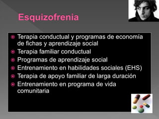  Terapia conductual y programas de economía
de fichas y aprendizaje social
 Terapia familiar conductual
 Programas de aprendizaje social
 Entrenamiento en habilidades sociales (EHS)
 Terapia de apoyo familiar de larga duración
 Entrenamiento en programa de vida
comunitaria
 