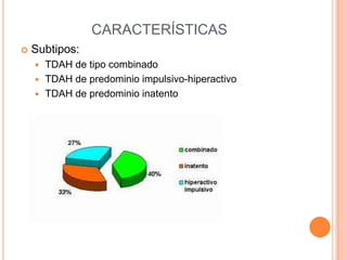 CARACTERÍSTICAS
   Subtipos:
     TDAH de tipo combinado
     TDAH de predominio impulsivo-hiperactivo
     TDAH de predominio inatento
 