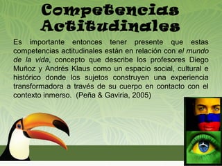 Competencias
       Actitudinales
Es importante entonces tener presente que estas
competencias actitudinales están en relación con el mundo
de la vida, concepto que describe los profesores Diego
Muñoz y Andrés Klaus como un espacio social, cultural e
histórico donde los sujetos construyen una experiencia
transformadora a través de su cuerpo en contacto con el
contexto inmerso. (Peña & Gaviria, 2005)
 