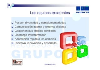 Los equipos excelentes

Poseen diversidad y complementariedad
Comunicación interna y externa eficiente
Gestionan sus propios conflictos
Liderazgo transformador
Adaptación rápida a los cambios
Iniciativa,
Iniciativa innovación y desarrollo




                       www.gruplm.com
 