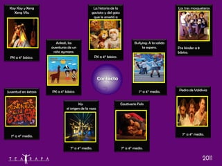 Pedro de Valdivia 7° a 4° medio. Juventud en éxtasis 7° a 4° medio. Cautiverio Felis 7° a 4° medio. Kay Kay y Xeng Xeng Vilu PK a 4° básico . Ankali, las aventuras de un niño aymara. PK a 4° básico . Bullying: A la salida te espero. 7° a 4° medio. Ko:  el origen de la raza 7° a 4° medio. La historia de la gaviota y del gato que le enseñó a volar. PK a 4° básico . Los tres mosqueteros Pre kinder a 8 básico. 