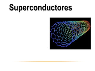 Materiales como el mercurio por
debajo de 4 K de temperatura,
nanotubos de carbono,
aleaciones de niobio y titanio,
cerámicas de óxidos de itrio,
bario y cobre, etc., que al no
oponer resistencia al paso de la
corriente eléctrica, permiten el
transporte de energía sin
pérdidas.
SuperconductoresSuperconductores
 