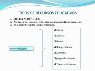 TIPOS DE RECURSOS EDUCATIVOS
1. PRE-TECNOLÓGICOS:
 No necesitan un soporte técnico para transmitir información,
 Son accesibles para las instituciones.

                                      Libros

                                     Láminas

                                     Pizarra

                                      Rompecabezas
Pre-tecnológicos
                                     Cartulinas

                                      Juegos de tableros

                                      Títeres ,entre otros.
 
