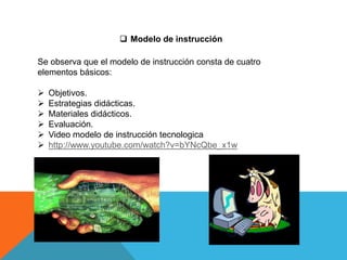  Modelo de instrucción
Se observa que el modelo de instrucción consta de cuatro
elementos básicos:
 Objetivos.
 Estrategias didácticas.
 Materiales didácticos.
 Evaluación.
 Video modelo de instrucción tecnologica
 http://www.youtube.com/watch?v=bYNcQbe_x1w
 