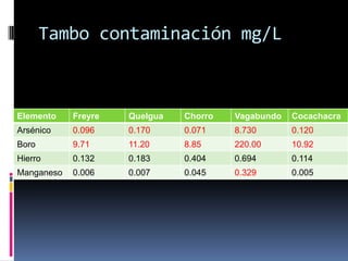 Tambo contaminación mg/L



Elemento    Freyre   Quelgua   Chorro   Vagabundo   Cocachacra
Arsénico    0.096    0.170     0.071    8.730       0.120
Boro        9.71     11.20     8.85     220.00      10.92
Hierro      0.132    0.183     0.404    0.694       0.114
Manganeso   0.006    0.007     0.045    0.329       0.005
 
