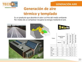 GENERACIÓN AIRE
Generación de aire
térmico y templado
20
Es un producto que absorbe el calor o el frio del medio ambiente
Por medio de un compresor recupera la energía mediante el aire.
 