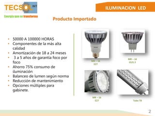 ILUMINACION LED
Producto Importado
• 50000 A 100000 HORAS
• Componentes de la más alta
calidad
• Amortización de 18 a 24 meses
• 3 a 5 años de garantía foco por
foco
• Ahorro 75% consumo de
iluminación
• Balanceo de lumen según norma
• Reducción de mantenimiento
• Opciones múltiples para
gabinete.
MR – 16
E27
Tubo T8
MR – 16
GU5.3
MR – 16
E27
2
Energía que se transforma
 
