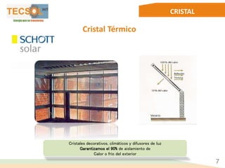 CRISTAL
Cristal Térmico
Cristales decorativos, climáticos y difusores de luz
Garantizamos el 90% de aislamiento de
Calor o frio del exterior
7
 
