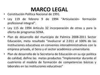 MARCO LEGAL  Constitución Política Nacional de 1991. Ley 119 de febrero 9 de 1994 “Articulación- formación profesional integral”. Ley 115 de 1994 Artículo 32 incorporación de otras y para la oferta de programas SENA. Plan de desarrollo del municipio de Palmira 2008-2011 Sector Educación, meta resultado “involucrar al 2.011 al 100% de las instituciones educativas en convenios interadministrativos con la empresa privada, el Sena y el sector académico universitario. Plan de desarrollo de la Secretaria de Educación en su eje política de calidad, define las  metas productos “Implementar durante el cuatrienio el modelo de formación de competencias básicas y laborales en las instituciones educativas” 