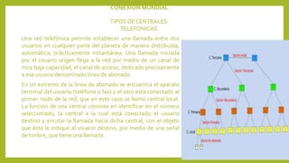TIPOS DE CENTRALES
TELEFONICAS
Una red telefónica permite establecer una llamada entre dos
usuarios en cualquier parte del planeta de manera distribuida,
automática, prácticamente instantánea. Una llamada iniciada
por el usuario origen llega a la red por medio de un canal de
muy baja capacidad, el canal de acceso, dedicado precisamente
a ese usuario denominado línea de abonado.
En un extremo de la línea de abonado se encuentra el aparato
terminal del usuario (teléfono o fax) y el otro está conectado al
primer nodo de la red, que en este caso se llamó central local.
La función de una central consiste en identificar en el número
seleccionado, la central a la cual está conectado el usuario
destino y enrutar la llamada hacia dicha central, con el objeto
que ésta le indique al usuario destino, por medio de una señal
de timbre, que tiene una llamada.
CONEXIÓN MUNDIAL
 