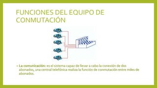 FUNCIONES DEL EQUIPO DE
CONMUTACIÓN
• La comunicación: es el sistema capaz de llevar a cabo la conexión de dos
abonados, una central telefónica realiza la función de conmutación entre miles de
abonados.
 