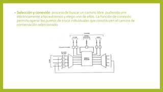• Selección y conexión proceso de buscar un camino libre pudiendo unir
eléctricamente a los extremos y elegir uno de ellos. La función de conexión
permite operar los puntos de cruce individuales que constituyen el camino de
conversación seleccionado.
 