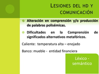 L ESIONES DEL HD Y
                        COMUNICACIÓN
   Alteración en comprensión y/o producción
    de palabras polisémicas.
   Dificultades en la Comprensión           de
    significados alternativos metafóricos.
Caliente: temperatura alta – enojado
Banco: mueble - entidad financiera
                                Léxico -
                               semántico
 