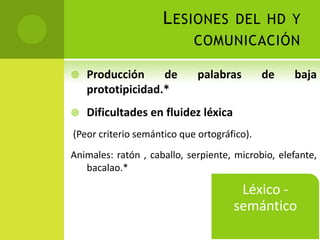 L ESIONES DEL HD Y
                            COMUNICACIÓN

   Producción     de        palabras        de    baja
    prototipicidad.*
   Dificultades en fluidez léxica
(Peor criterio semántico que ortográfico).
Animales: ratón , caballo, serpiente, microbio, elefante,
   bacalao.*

                                      Léxico -
                                     semántico
 