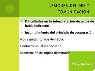 L ESIONES DEL HD Y
                         COMUNICACIÓN

   Dificultades en la interpretación de actos de
    habla indirectos.
   Incumplimiento del principio de cooperación
No respetan turnos de habla.
Contacto visual inadecuado
Mantención de tópico disminuida

                                  Pragmática
 