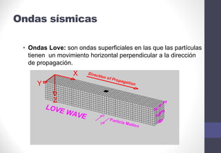 • Ondas Love: son ondas superficiales en las que las partículas
tienen un movimiento horizontal perpendicular a la dirección
de propagación.
Ondas sísmicas
 