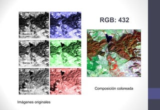 Imágenes originales
Composición coloreada
RGB: 432
Banda 4
Banda 3
Banda 2
 