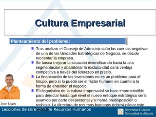 Cultura Empresarial
       Planteamiento del problema:
       Planteamiento del problema:
                  Tras analizar el Consejo de Administración las cuentas negativas
                  de una de las Unidades Estratégicas de Negocio, se decide
                  reorientar la empresa.
                  Se busca mejorar la situación diversificando hacia la alta
                  segmentación y abandonar la exclusividad de la ventaja
                  competitiva a través del liderazgo en precio.
                  La financiación de las inversiones no es un problema para el
                  Grupo, pero sí lo puede ser el factor humano en cuanto a la
                  forma de entender el negocio.
                  El diagnóstico de la cultura empresarial se hace imprescindible
                  para detectar hasta qué nivel el nuevo enfoque estratégico será
                  asumido por parte del personal y si habrá predisposición o
Juan Llopis
                  rechazo. La directora de recursos humanos deberá pilotar este
                  análisis.
 