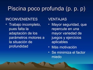 Piscina poco profunda (p. p. p) INCONVENIENTES Trabajo incompleto, pues falta la adaptación de los parámetros motores a la situación de profundidad VENTAJAS Mayor seguridad, que repercute en una mayor variedad de juegos y ejercicios aplicables Más motivación Se minimiza el factor miedo 