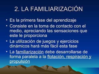 2. LA FAMILIARIZACIÓN  Es la primera fase del aprendizaje Consiste en la toma de contacto con el medio, apreciando las sensaciones que este le proporciona La utilización de juegos y ejercicios dinámicos hará más fácil esta fase La  familiarización  debe desarrollarse de forma paralela a la  flotación, respiración y propulsión 
