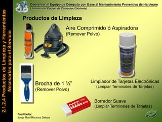 Conservar el Equipo de Cómputo con Base al Mantenimiento Preventivo de HardwareLimpieza del Equipo de Cómputo (Gabinete)Dentro de un Gabinete de Computo encontramos lo siguiente…2.1.2.2 Componentes Básicos del HardwareFacilitador: Jorge Raúl Recinos Selvas