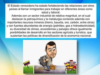 El Estado venezolano ha estado fortaleciendo las relaciones con otros
países al llamar inmigrantes para trabajar en diferentes áreas como
salud y laboral.
Además con un sector industrial de relativa magnitud, en el cual
destacan la petroquímica y la metalurgia contando además con
importantes recursos mineros (hierro, bauxita, oro, carbón, entre otros)
y con fuentes abundantes de energía (petróleo, gas e hidroelectricidad);
su diversidad de climas, ecosistemas y paisajes ofrece igualmente
posibilidades de desarrollo en los sectores agrícola y turístico, que
sustentan las políticas de diversificación de la economía nacional.
 