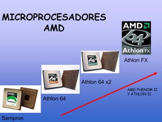 MICROPROCESADORES
AMD
Sempron
Athlon 64
Athlon 64 x2
Athlon FX
AMD PHENOM II
Y ATHLON II
 