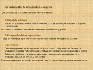 Los Sistemas de la Calidad se basan en seis principios: Maximizar la satisfacción del cliente  mediante un buen servicio para atender sus gustos y preferencias La Calidad la decide el cliente en función de sus preferencias y gustos  Todos los miembros de la empresa cooperan en el Sistema de Gestión de Calidad Consiste en preveer los errores antes de que ocurran, consiguiendo así factores de producción correctos y ahorrándonos el trabajo de verificación una vez acabado el mismo Si los factores claves que influyen en la producción son correctos obtendremos un producto o servicio sin errores y con calidad En cuanto al personal se solucionaría con la formación, herramientas y motivación adecuadas  