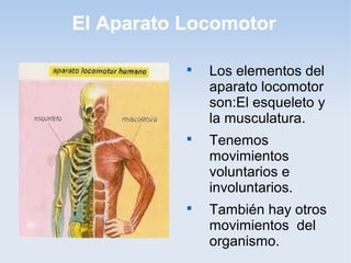 El Aparato Locomotor

Los elementos del
aparato locomotor
son:El esqueleto y
la musculatura.

Tenemos
movimientos
voluntarios e
involuntarios.

También hay otros
movimientos del
organismo.
 