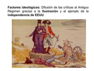 Factores ideológicos: Difusión de las críticas al Antiguo 
Régimen gracias a la Ilustración y el ejemplo de la 
independencia de EEUU. 
 