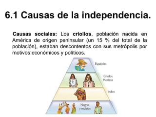 6.1 Causas de la independencia. 
Causas sociales: Los criollos, población nacida en 
América de origen peninsular (un 15 % del total de la 
población), estaban descontentos con sus metrópolis por 
motivos económicos y políticos. 
 