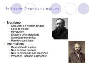As ideoloxías: O marxismo e o anarquismo Marxismo: Karl Marx e Friedrich Engels Loita de clases  Revolución Ditadura do proletariado Sociedade comunista Partidos socialistas Anarquismo: Destrución do estado Non partidos políticos Non participación nas eleccións Proudhon, Bakunin e Kropotkin 