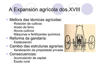 A Expansión agrícola dos.XVIII Mellora das técnicas agrícolas: Rotación de cultivos Arado de ferro Novos cultivos Máquinas e fertilizantes químicos Reforma da gandaría: Estabulación Cambio das estruturas agrarias: Xeralización da propiedade privada Consecuencias: Acumulación de capital Éxodo rural 
