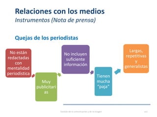 Relaciones con los medios
Instrumentos (Nota de prensa)
Quejas de los periodistas
Gestión de la comunicación y de la imagen 107
No están
redactadas
con
mentalidad
periodística
Muy
publicitari
as
No incluyen
suficiente
información
Tienen
mucha
“paja”
Largas,
repetitivas
y
generalistas
 