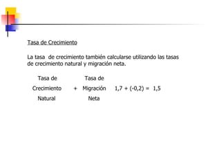 Tasa de Crecimiento La tasa  de crecimiento también calcularse utilizando las tasas de crecimiento natural y migración neta. Tasa de  Tasa de Crecimiento  +  Migración  1,7 + (-0,2) =  1,5 Natural  Neta 