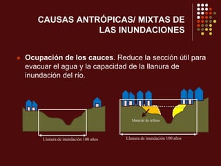 CAUSAS ANTRÓPICAS/ MIXTAS DE
LAS INUNDACIONES
 Ocupación de los cauces. Reduce la sección útil para
evacuar el agua y la capacidad de la llanura de
inundación del río.
Material de relleno
Llanura de inundación 100 añosLlanura de inundación 100 años
 