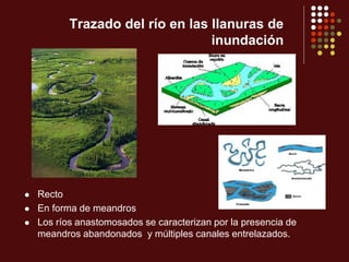 Trazado del río en las llanuras de
inundación
 Recto
 En forma de meandros
 Los ríos anastomosados se caracterizan por la presencia de
meandros abandonados y múltiples canales entrelazados.
 