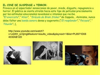 EL CINE DE SUSPENSE o TERROR:
Provoca en el espectador sensaciones de pavor, miedo, disgusto, repugnancia u
horror. El público se siente atraído hacia este tipo de películas precisamente
por los estímulos emocionales novedosos e intensos que recibe.
“El exorcista”, “Alien”, “Drácula de Bram Stoker” de Coppola... Asimismo, nunca
debe faltar una banda sonora densa y sugerente (“El resplandor”, “Psicosis”, “
Tiburón”...),

    http://www.youtube.com/watch?
    v=uQXH_sn3jmg&feature=results_video&playnext=1&list=PL8971D08
    4030AB12D
 