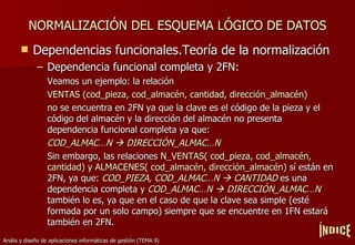 NORMALIZACIÓN DEL ESQUEMA LÓGICO DE DATOS Dependencias funcionales.Teoría de la normalización Dependencia funcional completa y 2FN: Veamos un ejemplo: la relación VENTAS (cod_pieza, cod_almacén, cantidad, dirección_almacén) no se encuentra en 2FN ya que la clave es el código de la pieza y el código del almacén y la dirección del almacén no presenta dependencia funcional completa ya que: COD_ALMACÉN    DIRECCIÓN_ALMACÉN Sin embargo, las relaciones  N_VENTAS( cod_pieza, cod_almacén, cantidad)  y  ALMACENES( cod_almacén, dirección_almacén)  sí están en 2FN, ya que:  COD_PIEZA,   COD_ALMACÉN    CANTIDAD  es una dependencia completa y  COD_ALMACÉN    DIRECCIÓN_ALMACÉN   también lo es, ya que en el caso de que la clave sea simple (esté formada por un solo campo) siempre que se encuentre en 1FN estará también en 2FN. ÍNDICE 