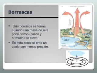  Una borrasca se forma
cuando una masa de aire
poco denso (cálido y
húmedo) se eleva.
 En esta zona se crea un
vacío con menos presión.
Borrascas
 