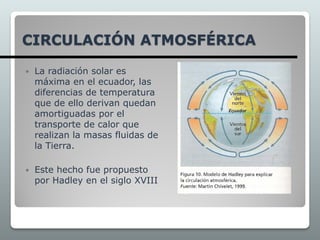 CIRCULACIÓN ATMOSFÉRICA
 La radiación solar es
máxima en el ecuador, las
diferencias de temperatura
que de ello derivan quedan
amortiguadas por el
transporte de calor que
realizan la masas fluidas de
la Tierra.
 Este hecho fue propuesto
por Hadley en el siglo XVIII
 