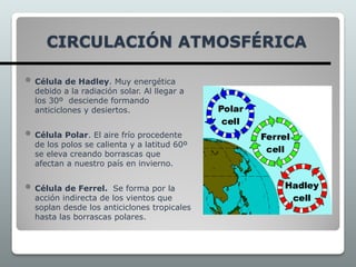 CIRCULACIÓN ATMOSFÉRICA
 Célula de Hadley. Muy energética
debido a la radiación solar. Al llegar a
los 30º desciende formando
anticiclones y desiertos.
 Célula Polar. El aire frío procedente
de los polos se calienta y a latitud 60º
se eleva creando borrascas que
afectan a nuestro país en invierno.
 Célula de Ferrel. Se forma por la
acción indirecta de los vientos que
soplan desde los anticiclones tropicales
hasta las borrascas polares.
 