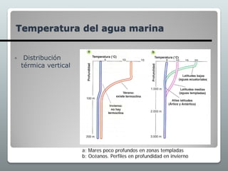 Temperatura del agua marina
 Distribución
térmica vertical
a: Mares poco profundos en zonas templadas
b: Océanos. Perfiles en profundidad en invierno
 