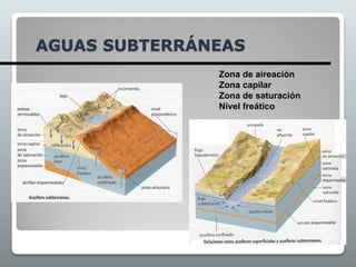 AGUAS SUBTERRÁNEAS
Zona de aireación
Zona capilar
Zona de saturación
Nivel freático
 