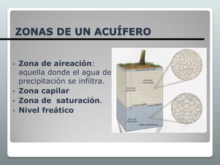 ZONAS DE UN ACUÍFERO
 Zona de aireación:
aquella donde el agua de
precipitación se infiltra.
 Zona capilar
 Zona de saturación.
 Nivel freático
 