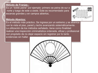 Método de Franjas :
Es un “doble peine” por ejemplo: primero se peina de sur a
norte y luego de este a oeste. Este es recomendado para
escenas grandes y en campos abiertos.
Método Abanico:
Es el método más práctico. Se ingresa por un extremo y se abanica
con la vista el piso, pared y techo avanzando sistemáticamente.
La utilización de los métodos señalado, tiene como finalidad
realizar una inspección criminalística ordenada, eficaz y profesional
con propósito de no dejar espacio sin registrar por lo tanto
evidencias sin hallar.
 