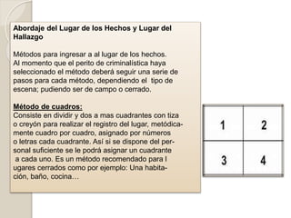 Abordaje del Lugar de los Hechos y Lugar del
Hallazgo
Métodos para ingresar a al lugar de los hechos.
Al momento que el perito de criminalística haya
seleccionado el método deberá seguir una serie de
pasos para cada método, dependiendo el tipo de
escena; pudiendo ser de campo o cerrado.
Método de cuadros:
Consiste en dividir y dos a mas cuadrantes con tiza
o creyón para realizar el registro del lugar, metódica-
mente cuadro por cuadro, asignado por números
o letras cada cuadrante. Así si se dispone del per-
sonal suficiente se le podrá asignar un cuadrante
a cada uno. Es un método recomendado para l
ugares cerrados como por ejemplo: Una habita-
ción, baño, cocina…
 