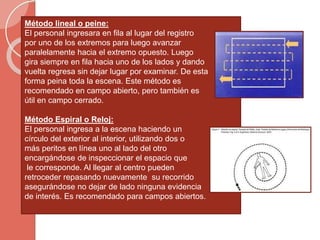 Método lineal o peine:
El personal ingresara en fila al lugar del registro
por uno de los extremos para luego avanzar
paralelamente hacia el extremo opuesto. Luego
gira siempre en fila hacia uno de los lados y dando
vuelta regresa sin dejar lugar por examinar. De esta
forma peina toda la escena. Este método es
recomendado en campo abierto, pero también es
útil en campo cerrado.
Método Espiral o Reloj:
El personal ingresa a la escena haciendo un
círculo del exterior al interior, utilizando dos o
más peritos en línea uno al lado del otro
encargándose de inspeccionar el espacio que
le corresponde. Al llegar al centro pueden
retroceder repasando nuevamente su recorrido
asegurándose no dejar de lado ninguna evidencia
de interés. Es recomendado para campos abiertos.
 