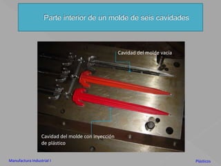Parte interior de un molde de seis cavidadesCavidad del molde vacíaCavidad del molde con inyecciónde plásticoManufactura Industrial IPlásticos